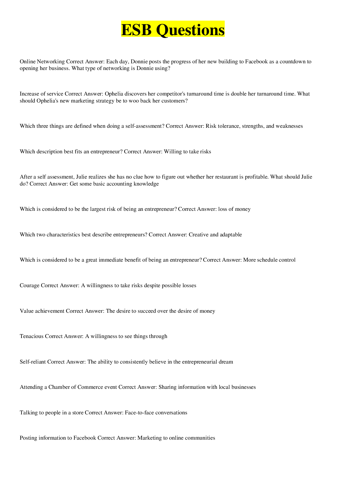 Preview image of ESB Questions AND ANSWERS ALL CORRECT document